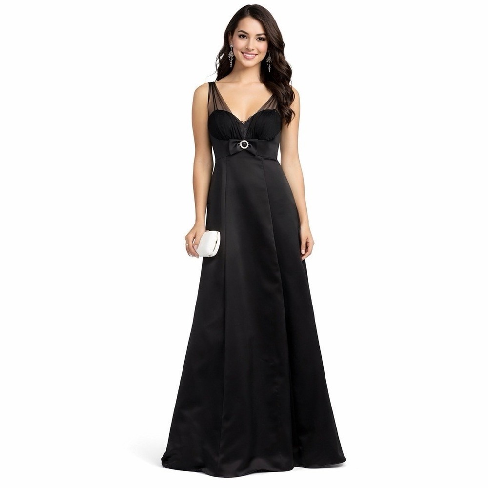 Betsy‎ & Adam Womens Dress 4 Black Satin Prom Gown Rhinestone Bow Y2K Formal